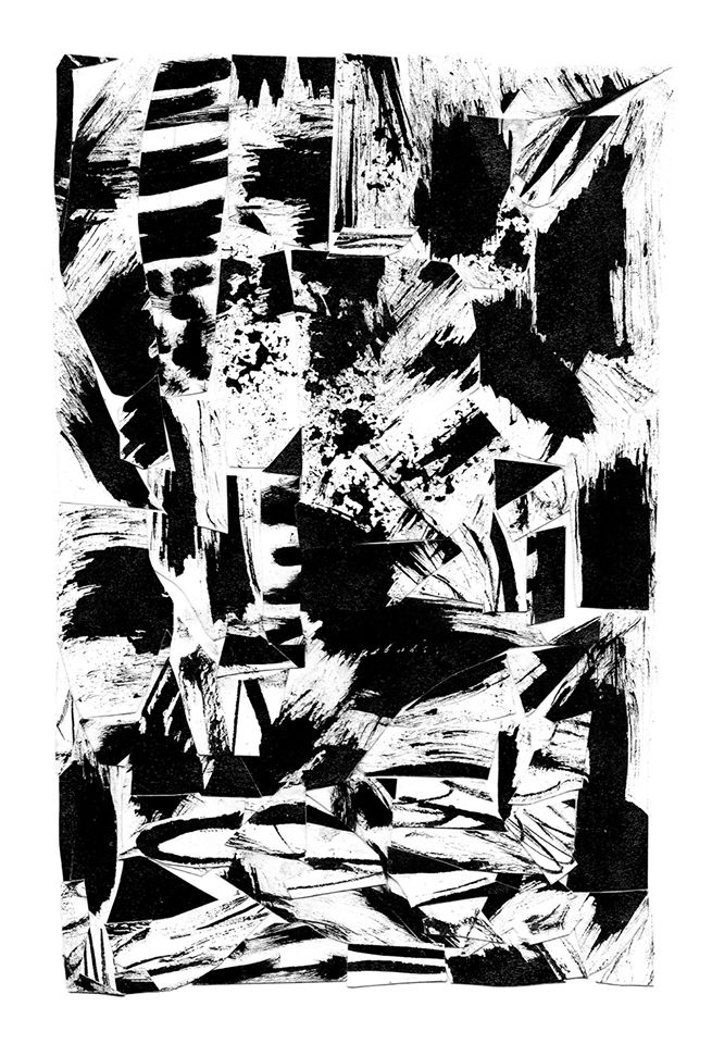 an abstract black and white painting with brush strokes