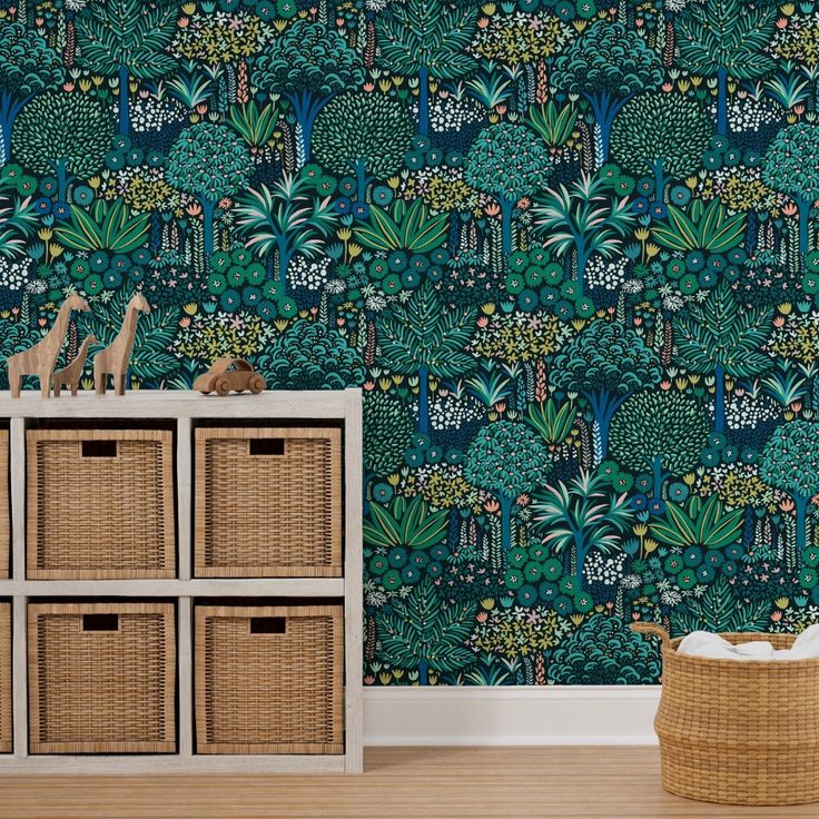 the wallpaper is very colorful and has many plants on it, as well as wicker baskets