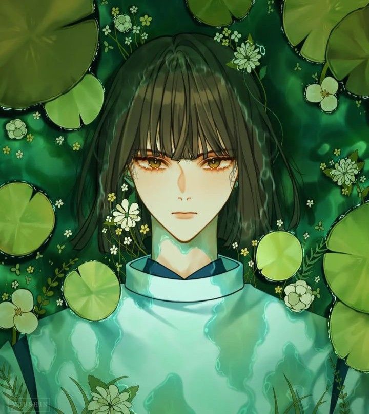 an anime character with long black hair and green eyes surrounded by water lilies, leaves and flowers