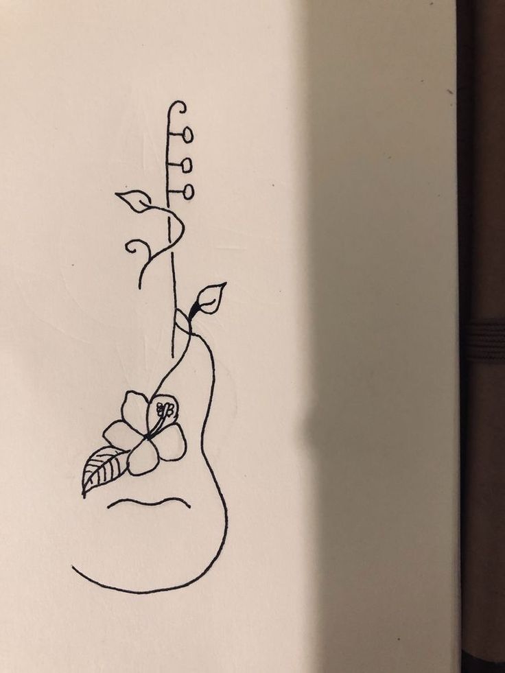 a black and white drawing of a guitar with a flower on it's neck