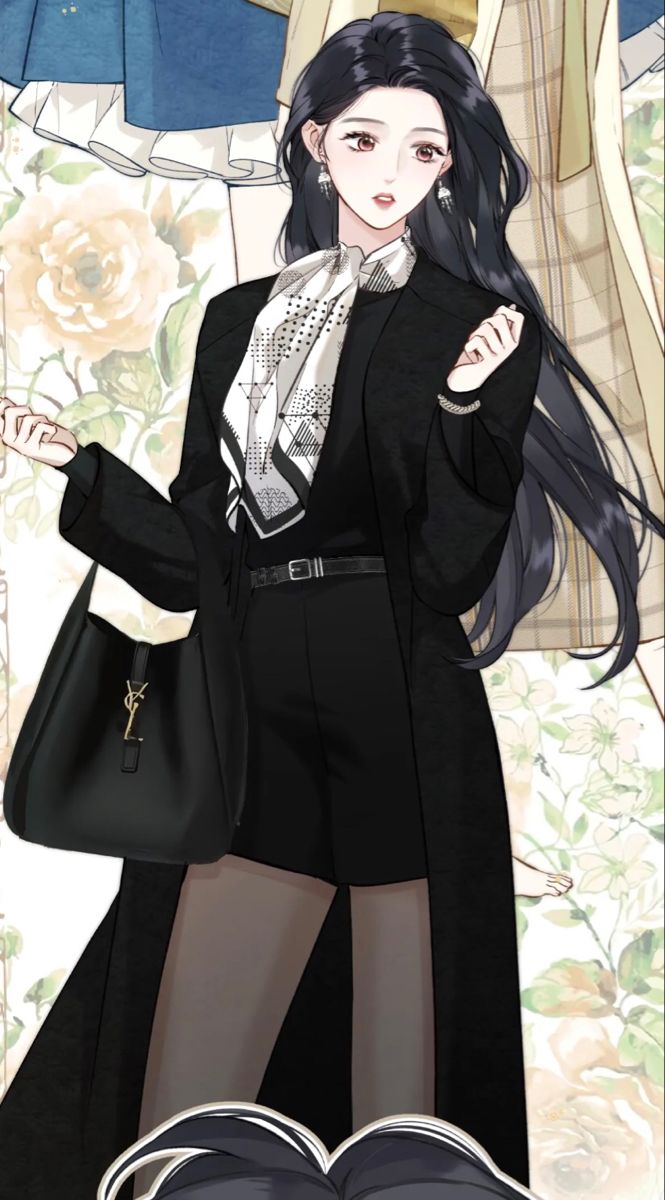 an anime character with long black hair holding a book and wearing a coat over her shoulders