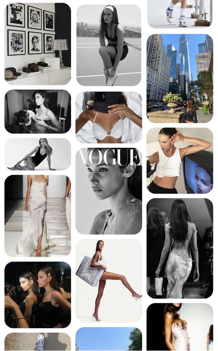 the collage shows many different pictures and words in black and white, including one woman's body