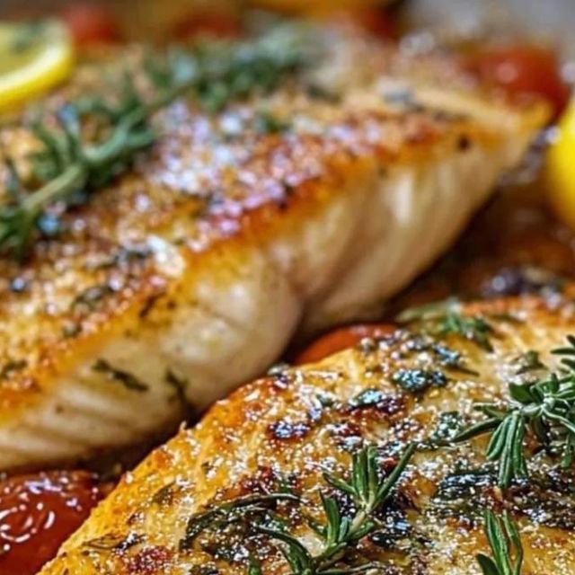 two fish fillets on a plate with tomatoes and lemons