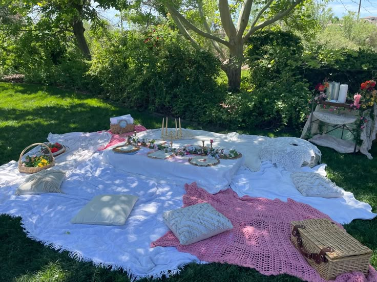 an outdoor picnic is set up on the grass