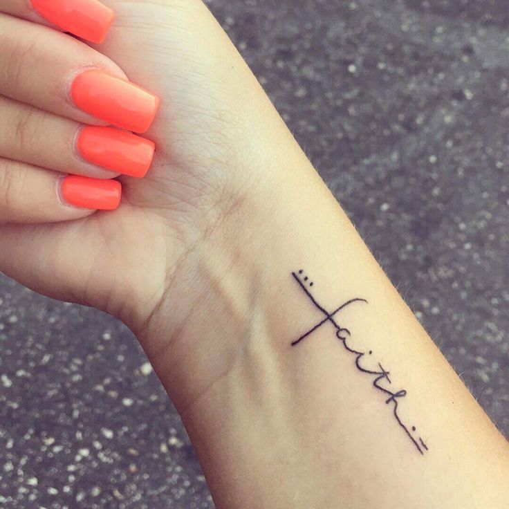 a woman's wrist tattoo with the word faith written in cursive writing