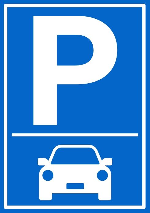 a blue parking sign with the letter p on it's left side and a white car