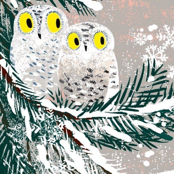 two owls sitting on top of a pine tree branch in the snow with yellow eyes