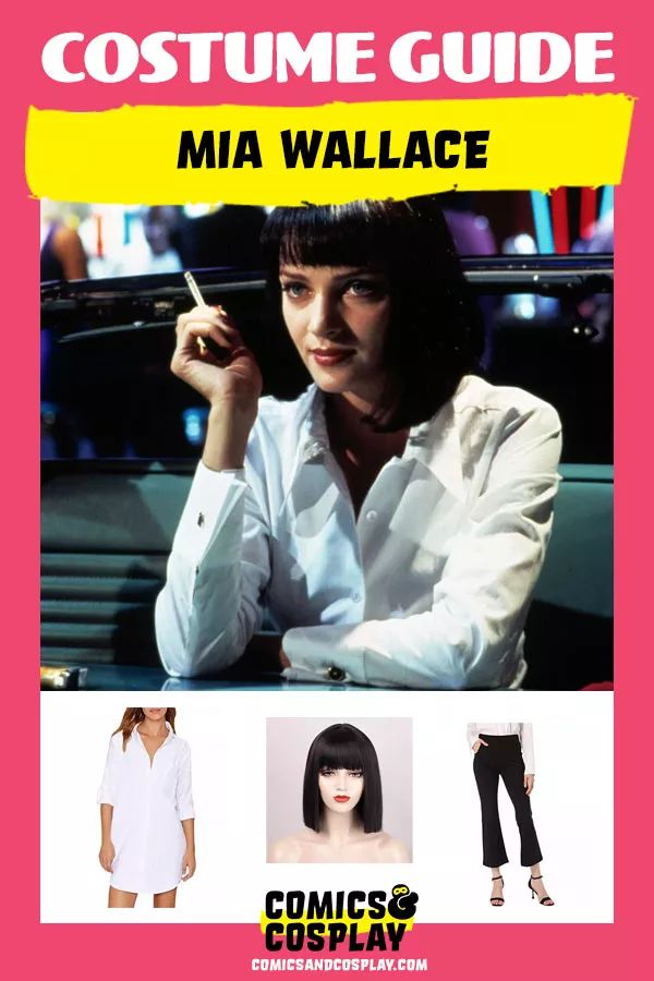 the costume guide for mia wallace is displayed in front of a woman's head