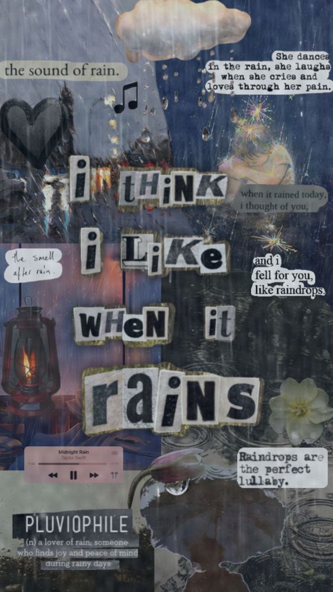 an altered collage with words and pictures in the background, including raindrops