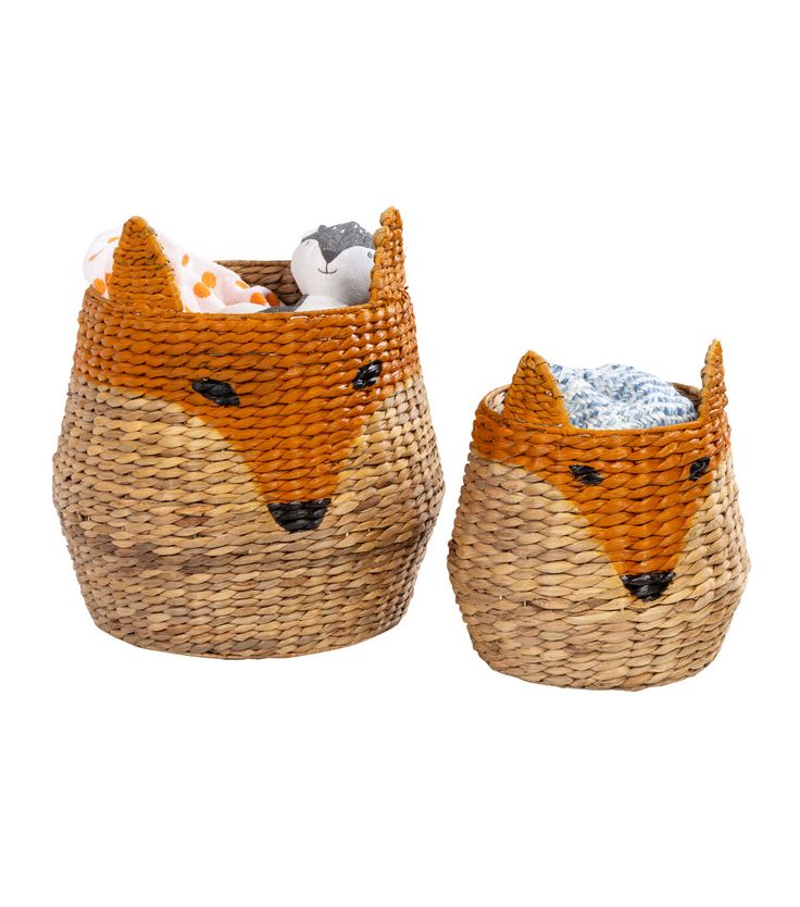 two woven baskets with foxes on them