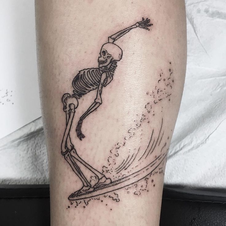 a skeleton riding a surfboard on top of a wave in the ocean tattoo design