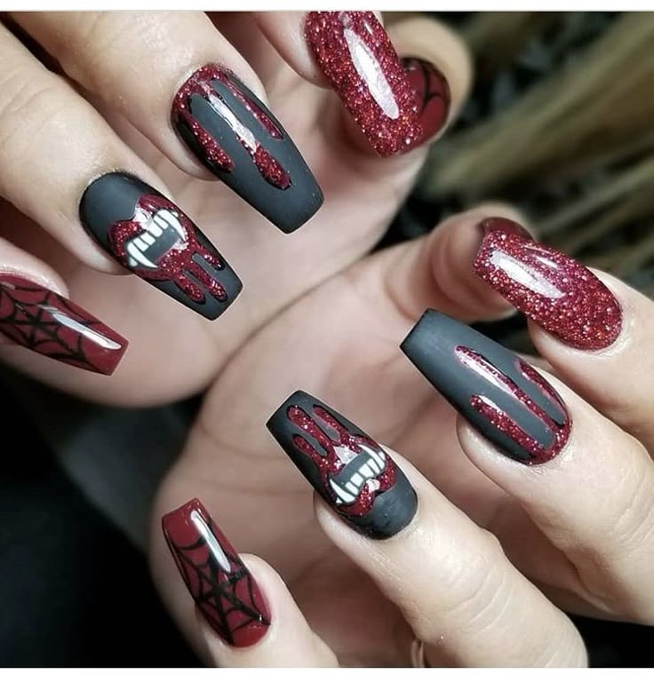 Red Glitter Halloween Nails, Red And Black Halloween Nails Acrylic, Red And Black Nails, Vampire Nails, Black Halloween Nails, Holloween Nails, Halloween Manicure, Witchy Nails, Black Nail Designs