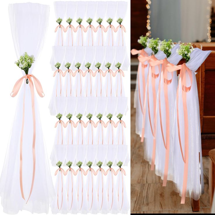 wedding decorations with flowers and ribbons tied to them