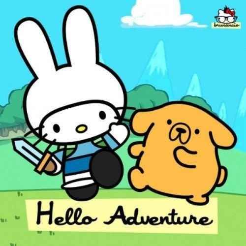 hello kitty and her dog are in front of a sign with the words hello adventure on it