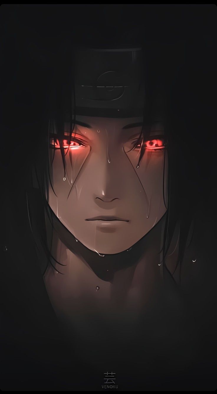 an anime character with red eyes and black hair, staring at the camera in the dark