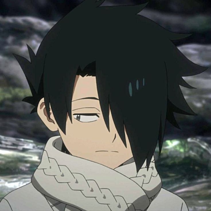 an anime character with black hair wearing a scarf and looking at something in the distance