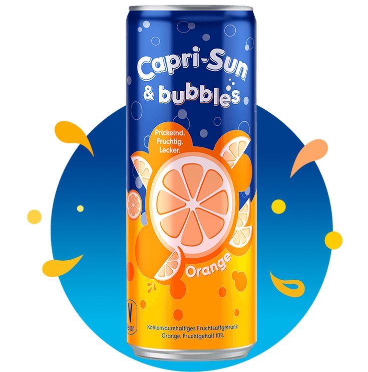 a can of capri - sun and bubbles orange soda on a blue circle background