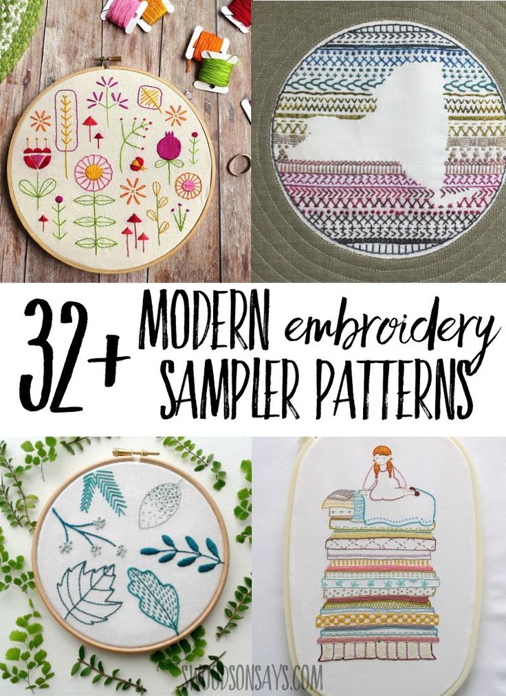 modern embroidery sample patterns with text overlay that reads, 32 modern embroidery sample patterns