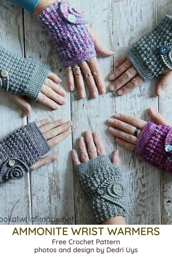 several hands with knitted wrist warmers on top of a wooden table in front of the text, ` free crochet pattern '