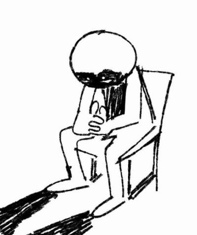 a black and white drawing of a person sitting in a chair