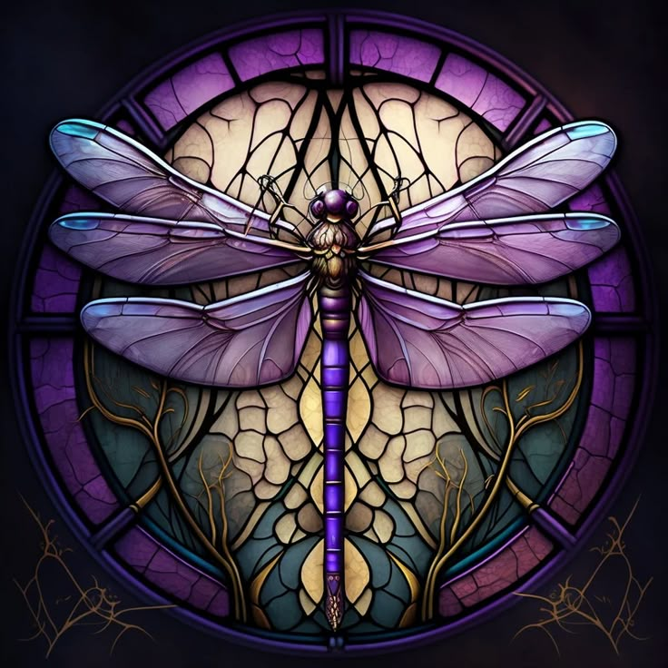 a purple dragonfly sitting on top of a stained glass window