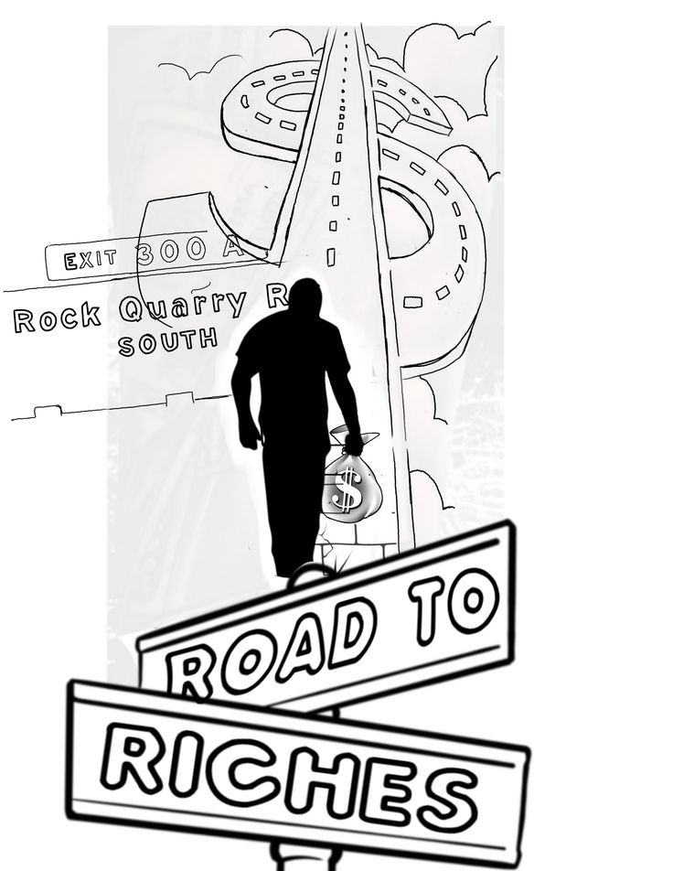 a black and white drawing of a man walking down the road to richies on route 66