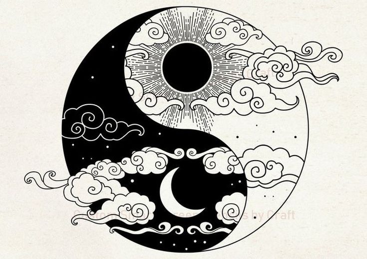 the yin symbol with clouds and sun on it, in black and white ink drawing