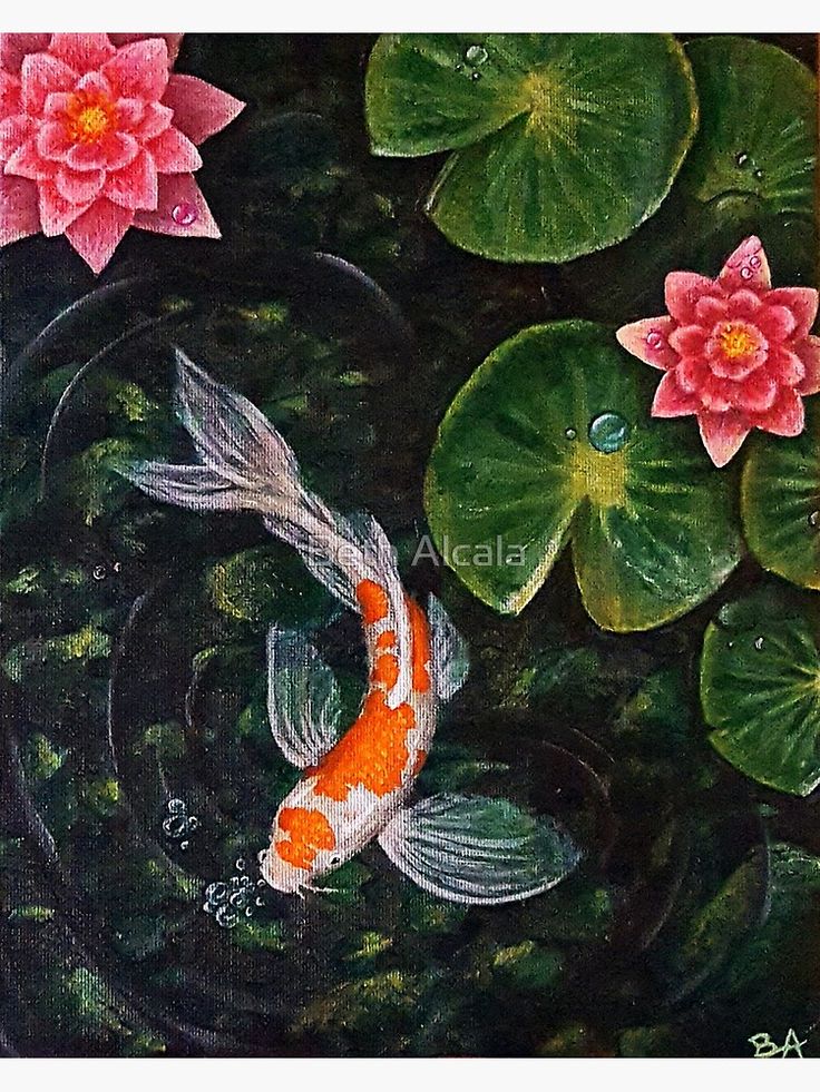 a painting of a koi fish and lily pads