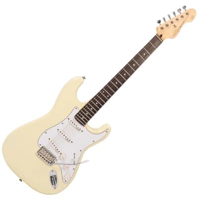 an electric guitar with a white body and neck, on a white background in the image