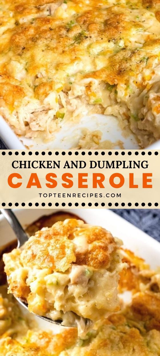 chicken and dumpling casserole with a spoon in it