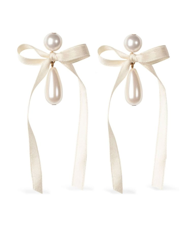 cream white/gold-tone brass 18kt gold plated drop design faux-pearl detailing silk bow detailing post-back fastening for pierced ears These earrings come as a pair. We've partnered with Good On You — an independent agency that rates how brands perform in relation to their impact on the planet, people and animals, with a multi-criteria rating simplified to a five points scale. In order to be awarded our conscious label, larger brands need to score a minimum of four out of five ('Good'), while smaller brands must score at least three out of five ('It's A Start'). This item comes from a brand rated three out of five ('It's A Start') by Good on You at the time it was added on FARFETCH. Please note, this is a brand-level rating and does not guarantee that this product is made with conscious mat Ribbon Earring, Harry Potter Legacy, Wedding Event Outfits, Faerie Costume, Ingenue Essence, Jewelry Moodboard, Rehearsal Dinner Looks, Dinner Looks, Quick Wedding