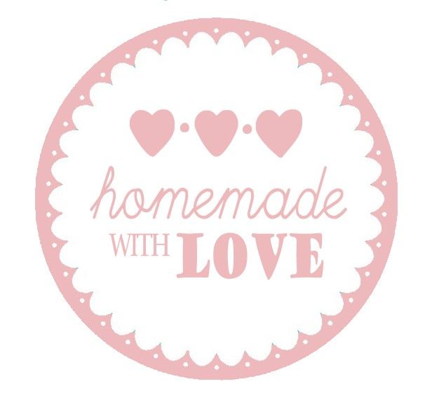 the words homemade with love written in pink and white on a circular sticker that says,