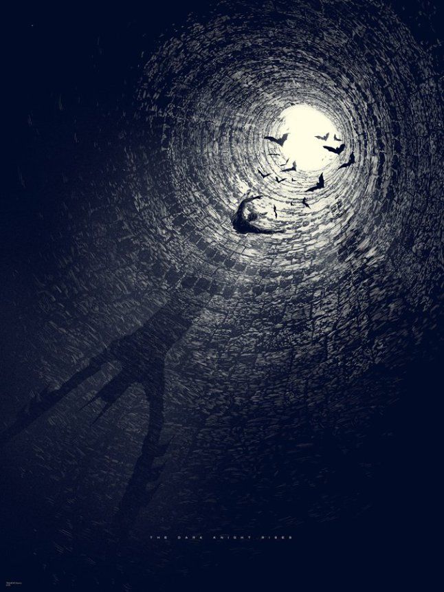 the shadow of a person standing in front of a dark tunnel with birds flying around