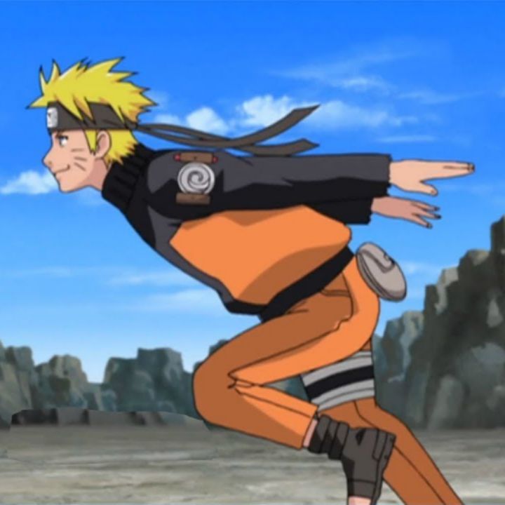 naruto is running in the desert with his arms spread out and eyes closed