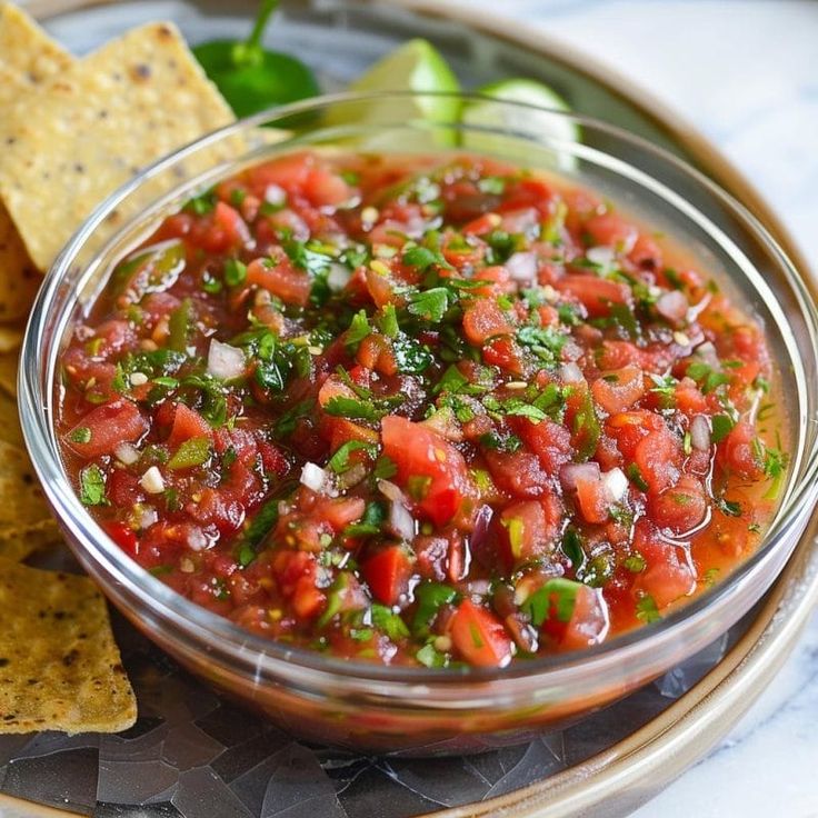 a glass bowl filled with salsa and tortilla chips on top of a plate