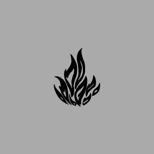 a black and white fire symbol on a gray background