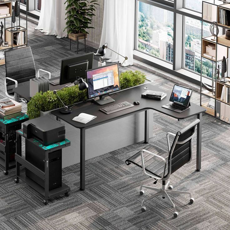 Designed for home office spaces, this modern minimalist L-shaped desk gives you more workspace with its clean lines and spacious desktop. Whether you're multitasking or in a meeting, the L-shaped design will boost your productivity. #eurekaergonomic #homeoffice #officedesk #homeofficedecor #Space-Saving #homedecor #WorkspaceUpgrade #HomeOfficeSetup Office Desk Black, Corner Gaming Desk, Home Office Gaming, Computer Desk Home Office, L Shaped Office Desk, Modern Home Office Desk, Gaming Computer Desk, Writing Desk With Drawers, Desk Black