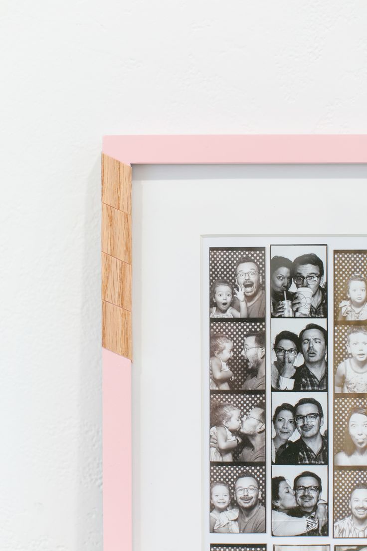 a pink frame with photos of people in different faces on it and the bottom half is white