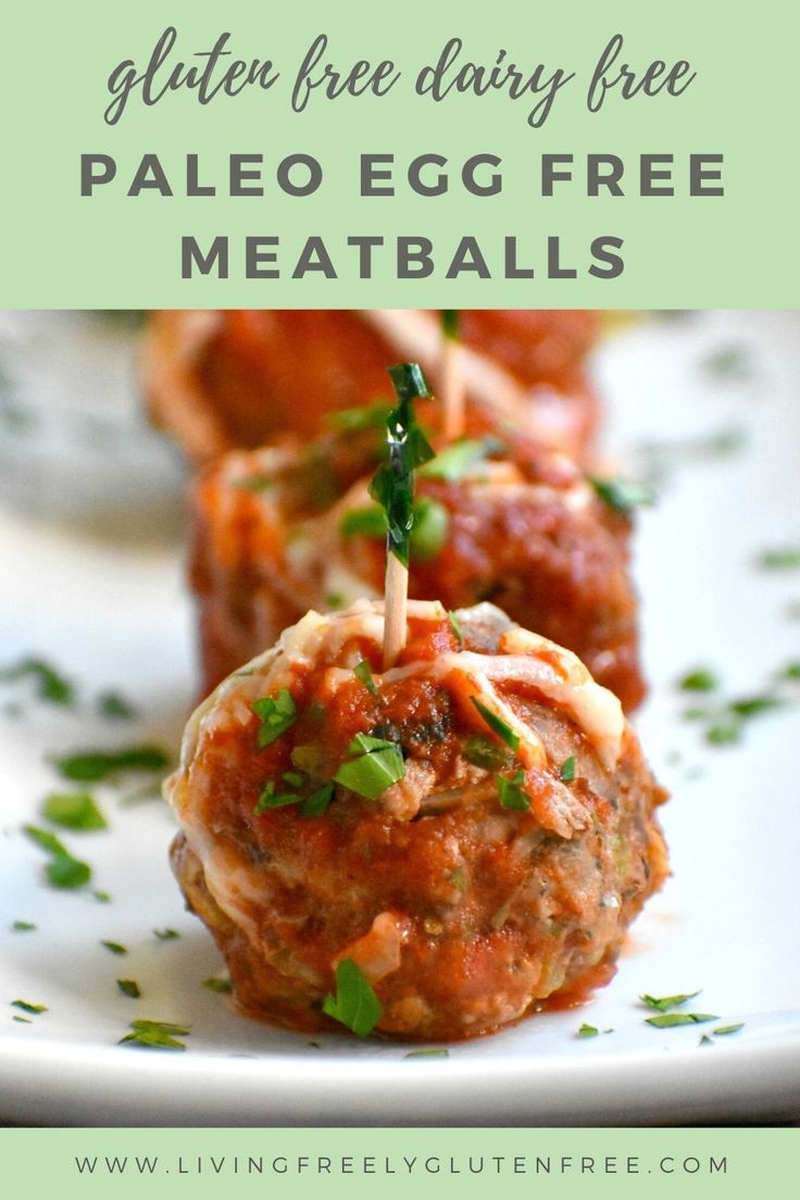 three meatballs on a plate with text overlay that says gluten free dairy free paleo egg free meatballs