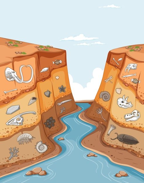 an illustration of a river in the middle of two cliffs with animals and other things on them