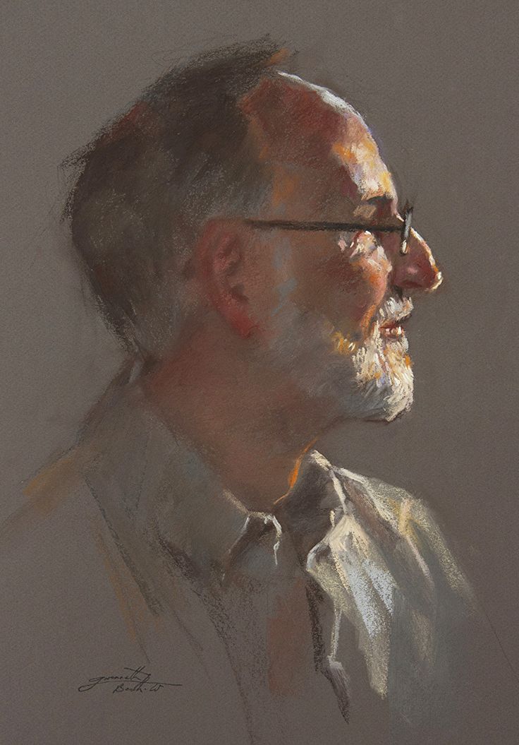 a pastel drawing of a man with glasses and a white collared shirt looking off to the side