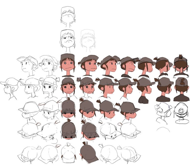 an animation character's head is shown with many different facial expressions and hair styles