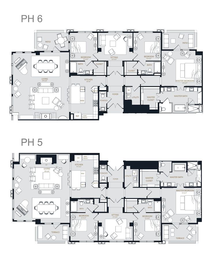 two floor plans for an apartment in the same building, one has three bedroom and one has