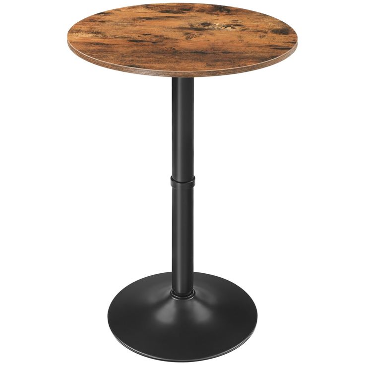 a round wooden table with metal base and an iron base on the top, against a white background