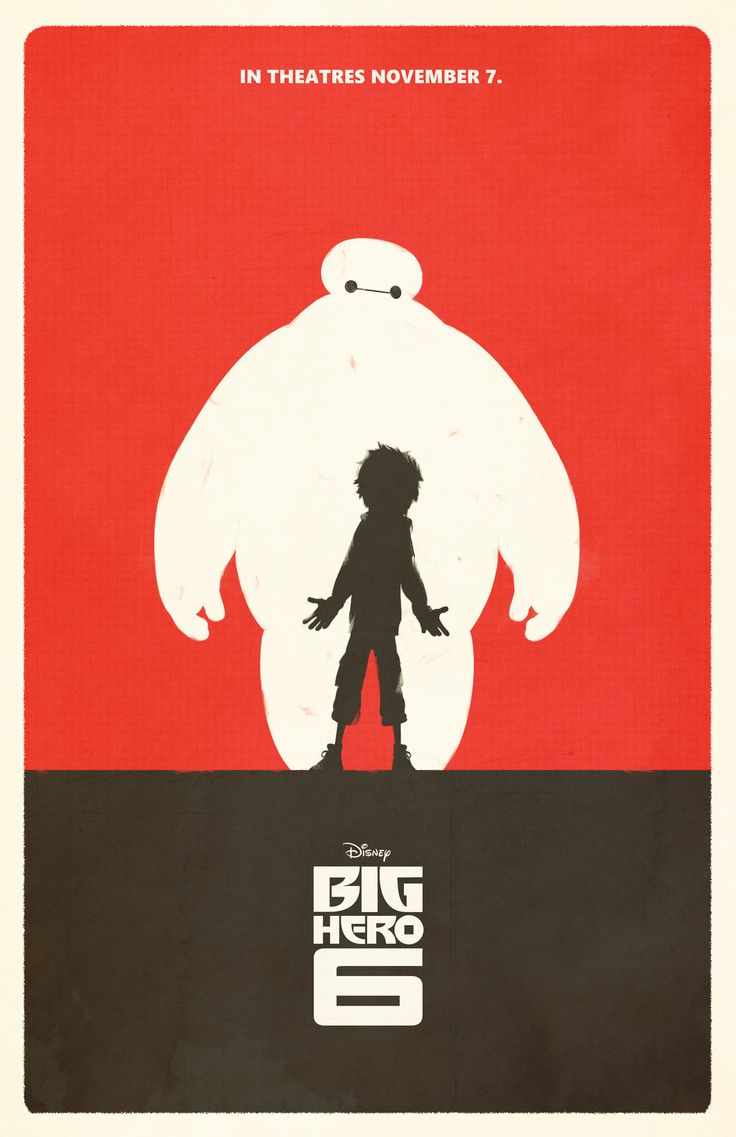 the big hero movie poster is shown in red and black, with an image of a giant