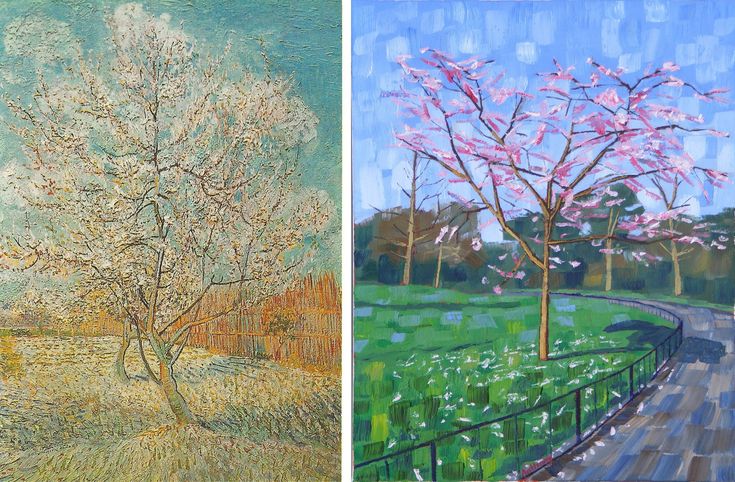 two paintings of trees in different stages of blooming