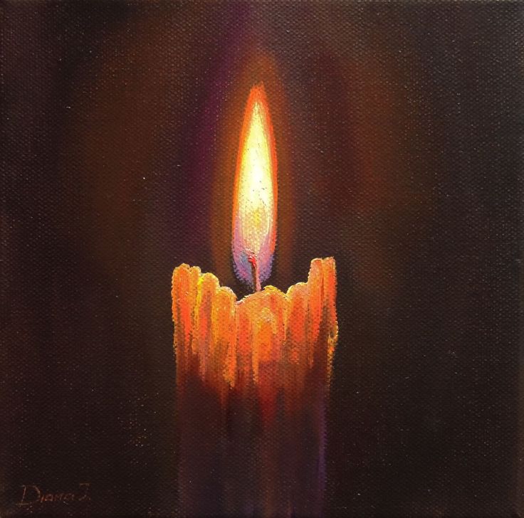 an oil painting of a lit candle on a black background with the light shining brightly