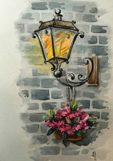 a watercolor painting of a street light with flowers on the outside and brick wall behind it