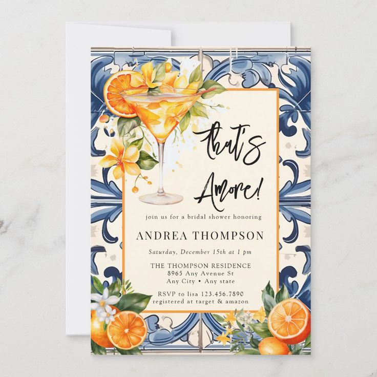 an orange and blue floral cocktail party card with the words, citruss are around