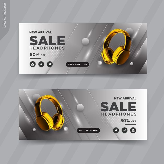 two sale banners with headphones on the front and back, one is white and yellow